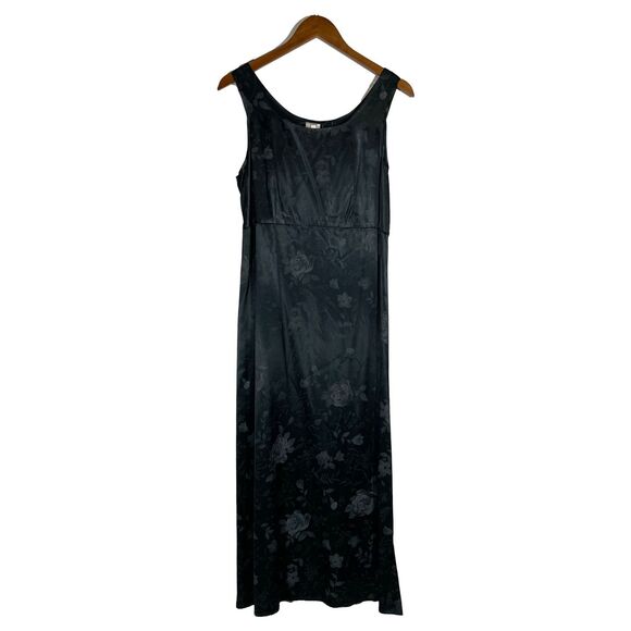 Vintage Dark Teal Satin Maxi Dress Floral Empire Waist Tie Back Sleeveless Sz 10 - Picture 1 of 11